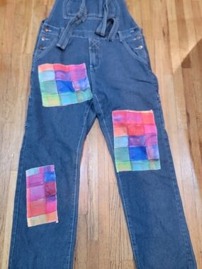 Denim Overalls with Colorblock Patchwork